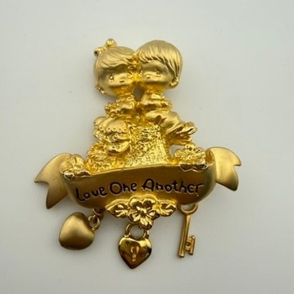 Precious Moments Love One Another Brooch Gold Tone Dangle Charm Vintage Pin